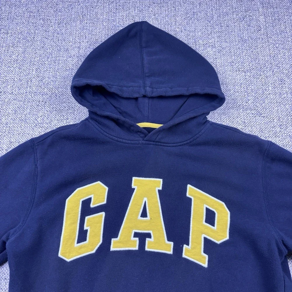 Gap Kids Fleece Hoodie Navy Blue Yellow Arch Spellout Logo Pullover Youth Sz XL